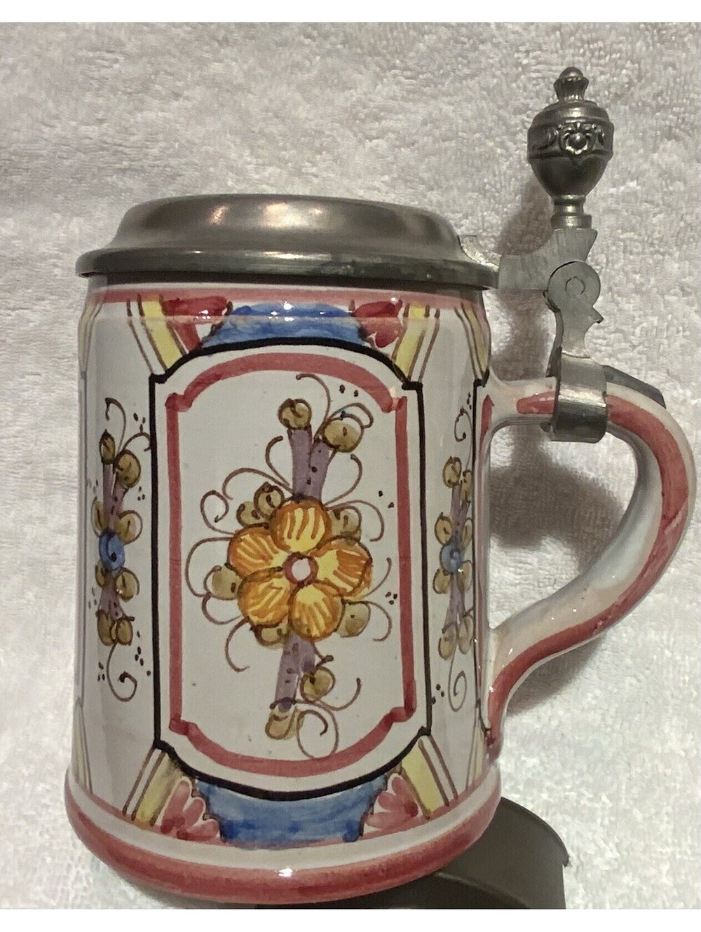Hand Painted Colorful Pottery 7”OA Stein with Nicely Detailed Metal Lid